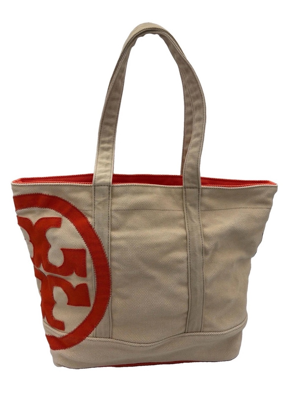 Tory Burch Beige Canvas Tote with Orange Logo Accent beach or summer handbag